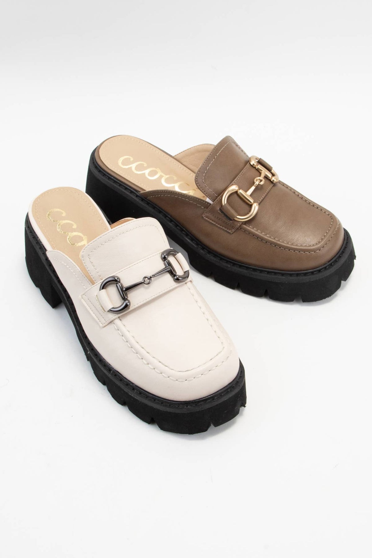 Mocha Chunky Lug Sole Loafer Mules with Horsebit Chain Detail