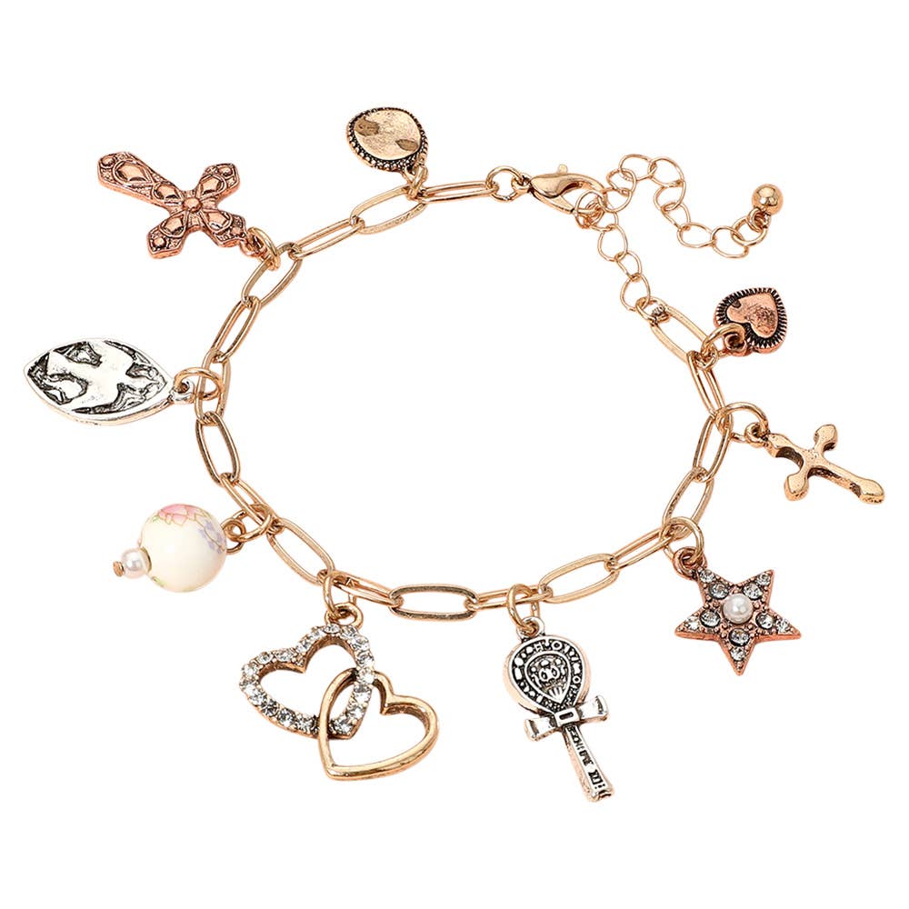 Heart Cross Star Ceramic Ball Charm Station Paperclip Chain Bracelet