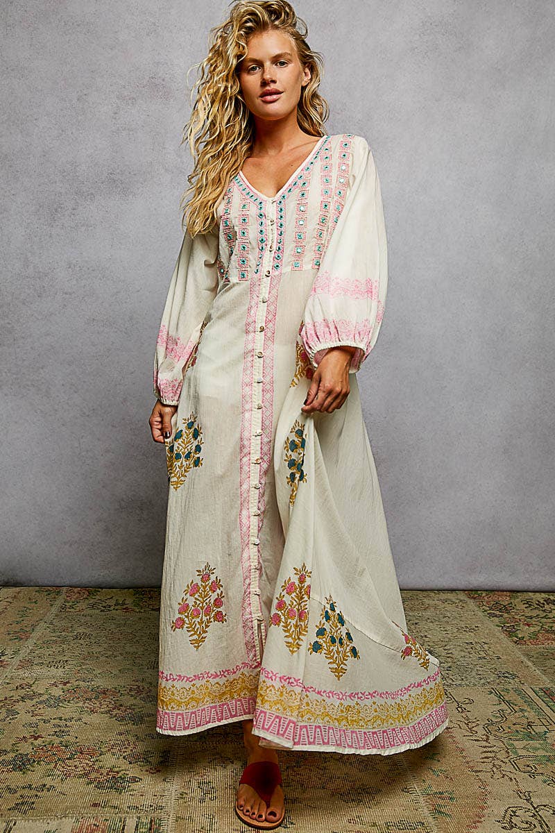 Embroidered Floral Print V-Neck Balloon Sleeve Maxi Dress
