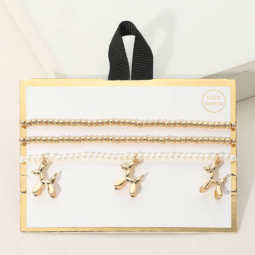 3PCS - Gold Dipped Balloon Dog Charm Metal Ball Pearl Beaded Stretch Multi Layered Bracelets