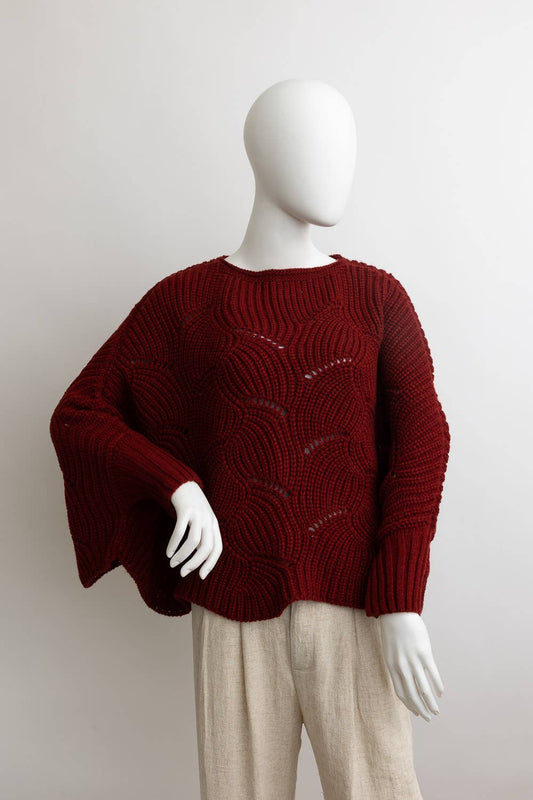 Ribbed Knit Pattern Poncho w/ Sleeves: Burgundy