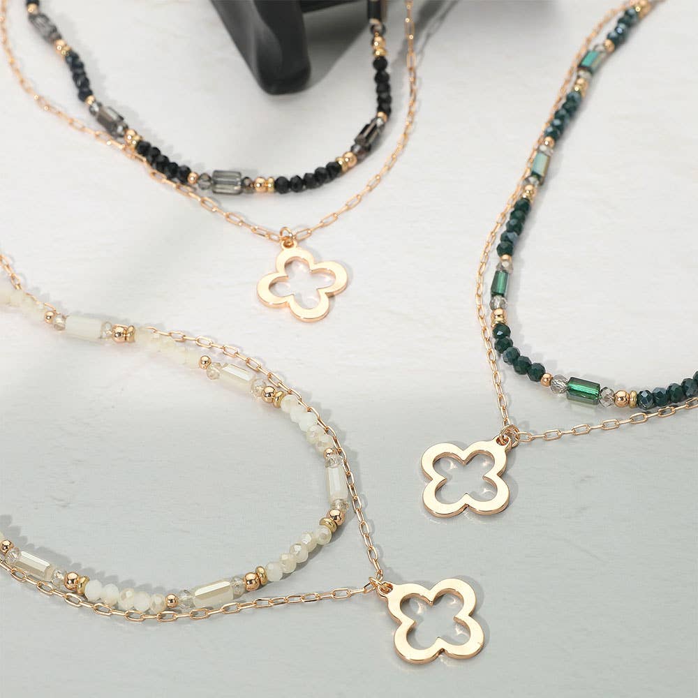 Metal Open Quatrefoil Pendant Faceted Beaded Layered Necklace