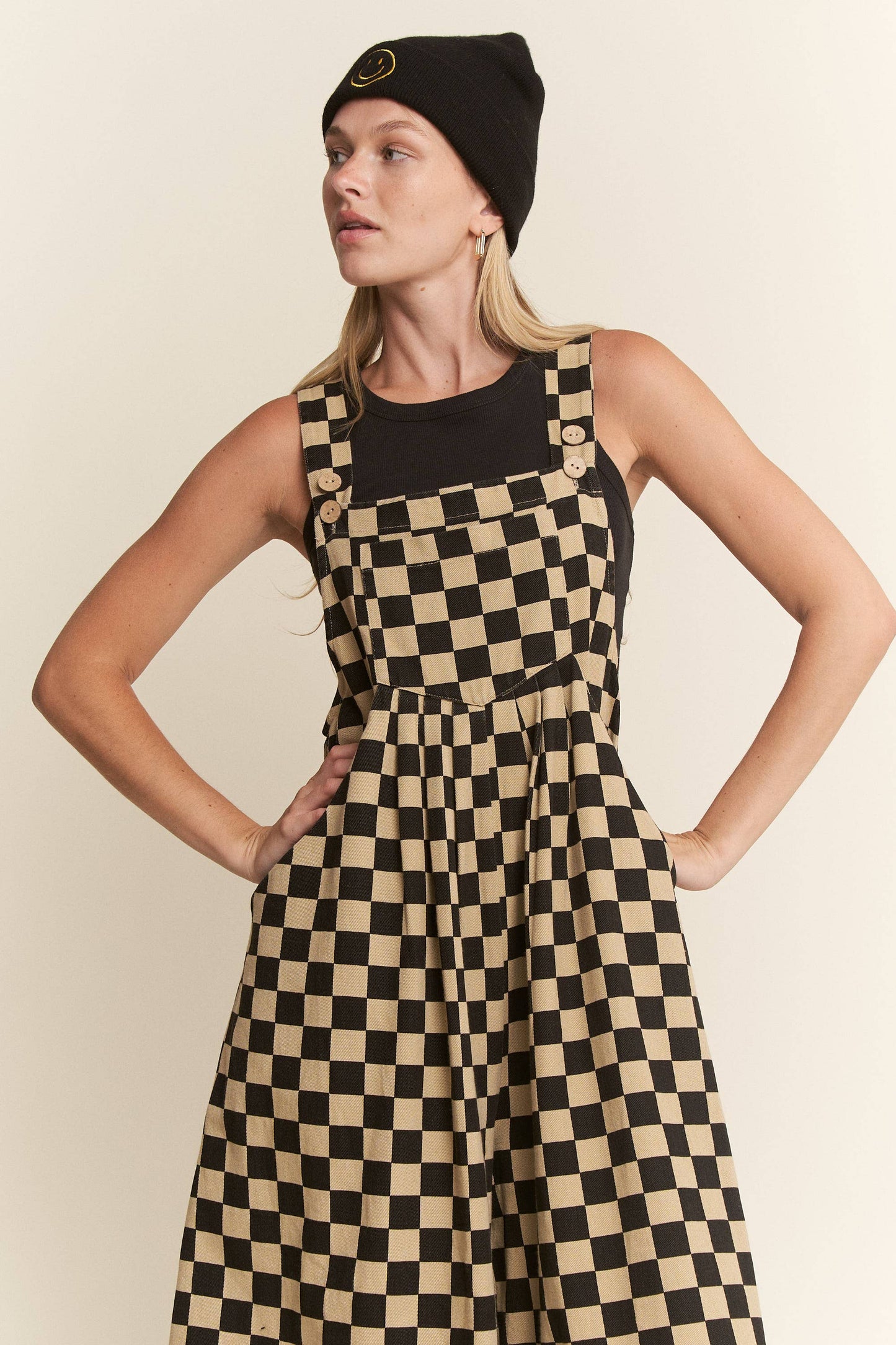 CHECKERED WIDE LEG OVERALLS