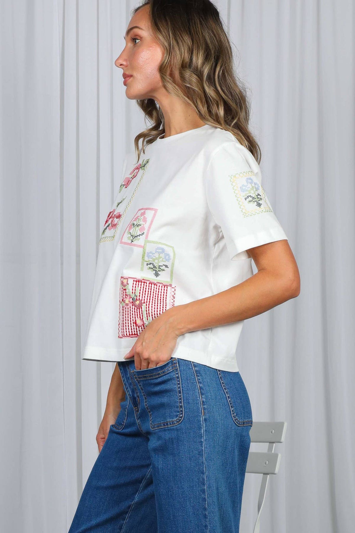 Vine & Love Cross-Stitch Embroidered 100%Cotton Top