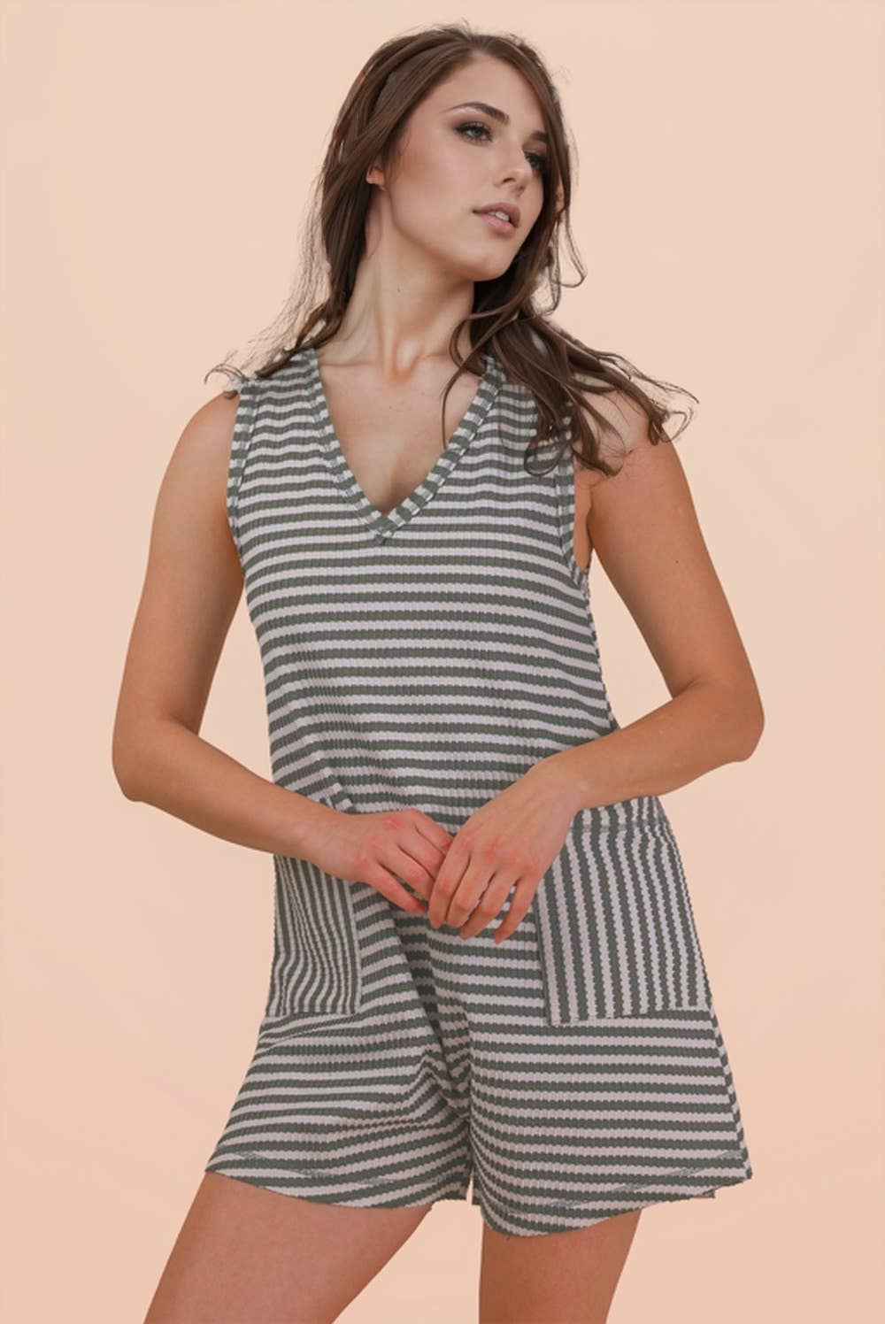 Olive Striped Knit Casual Comfy Romper