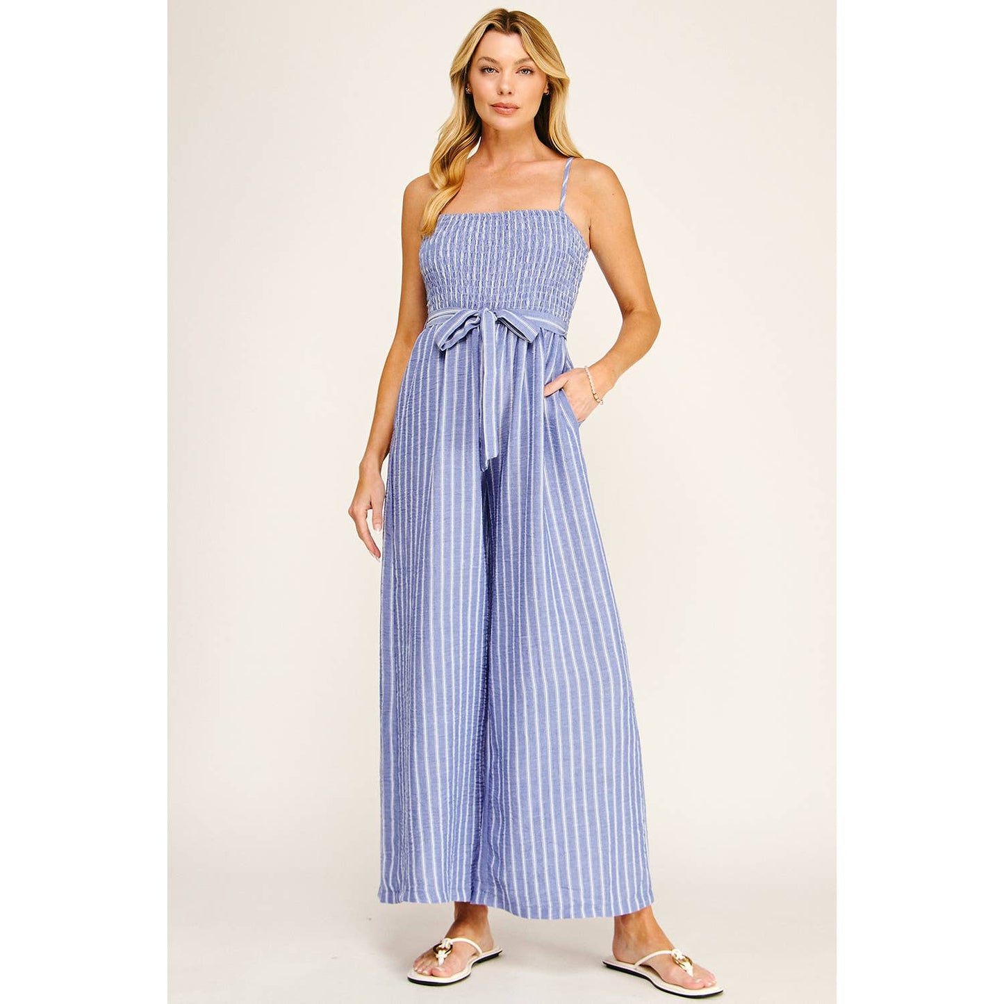 Blue Queen of the Coast Smocked Jumpsuit