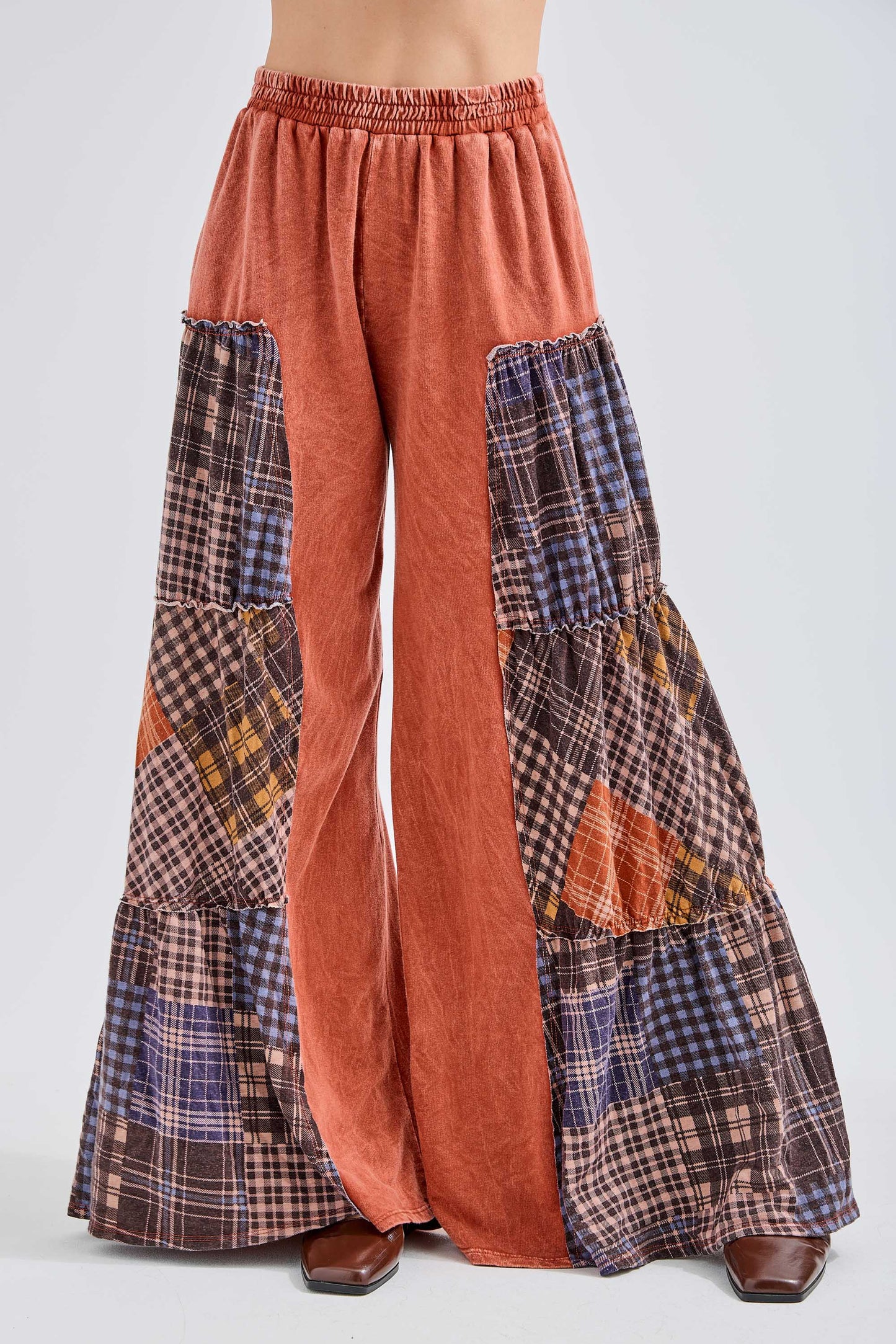 Mineral Washed Tiered Plaid Wide Flare pants HP6675: Olive / S-M-L / 2-2-2