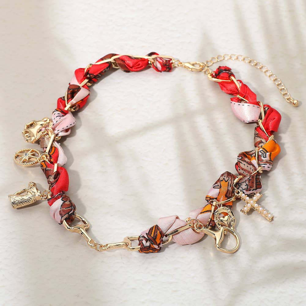 Horsebit Link Center Horse Horseshoe Pearl Cross Starburst Charm Station Fabric Necklace: Gold,Turquoise