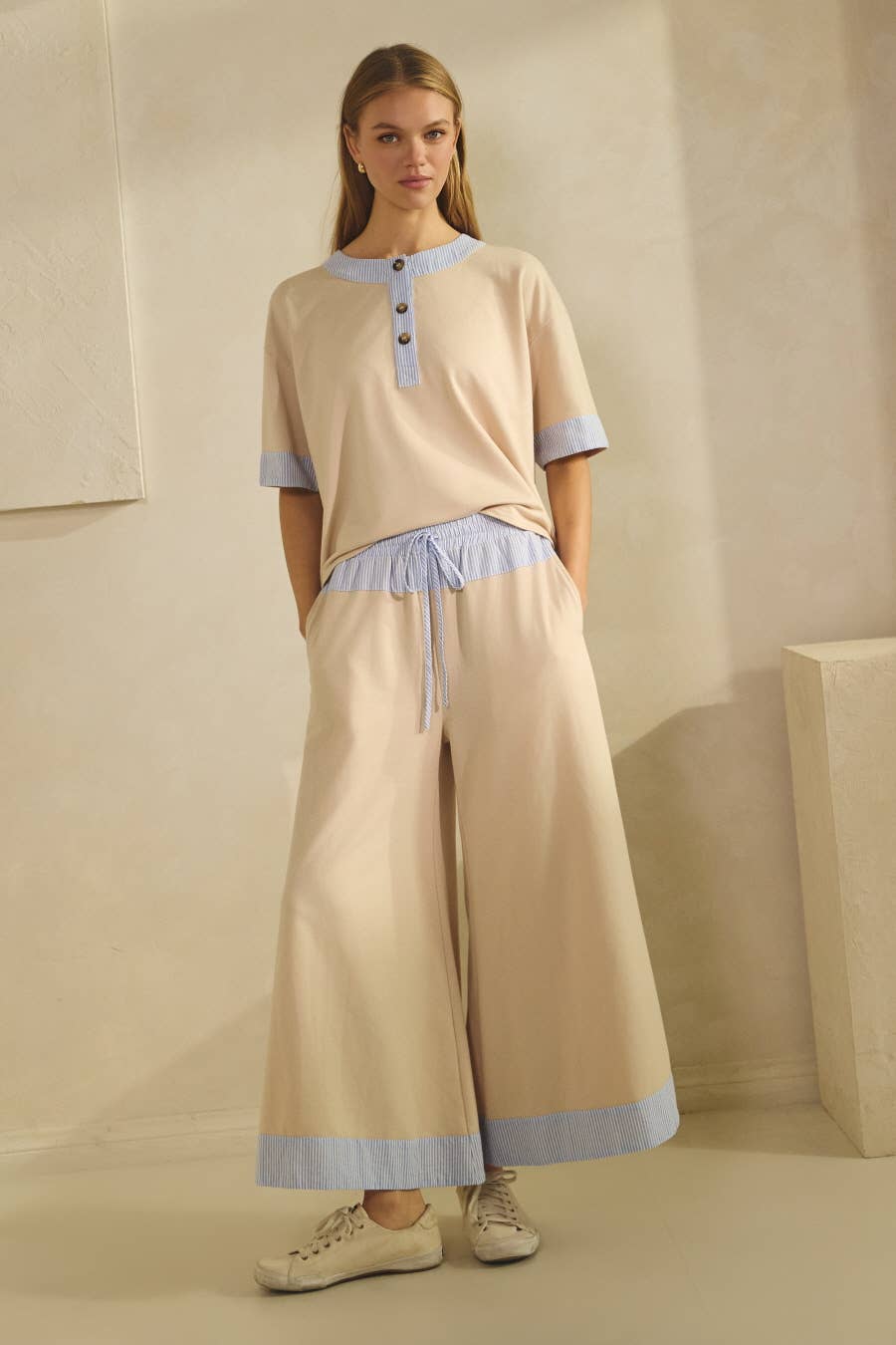 Oddi Contrast-trim Henley Top And Pants Set