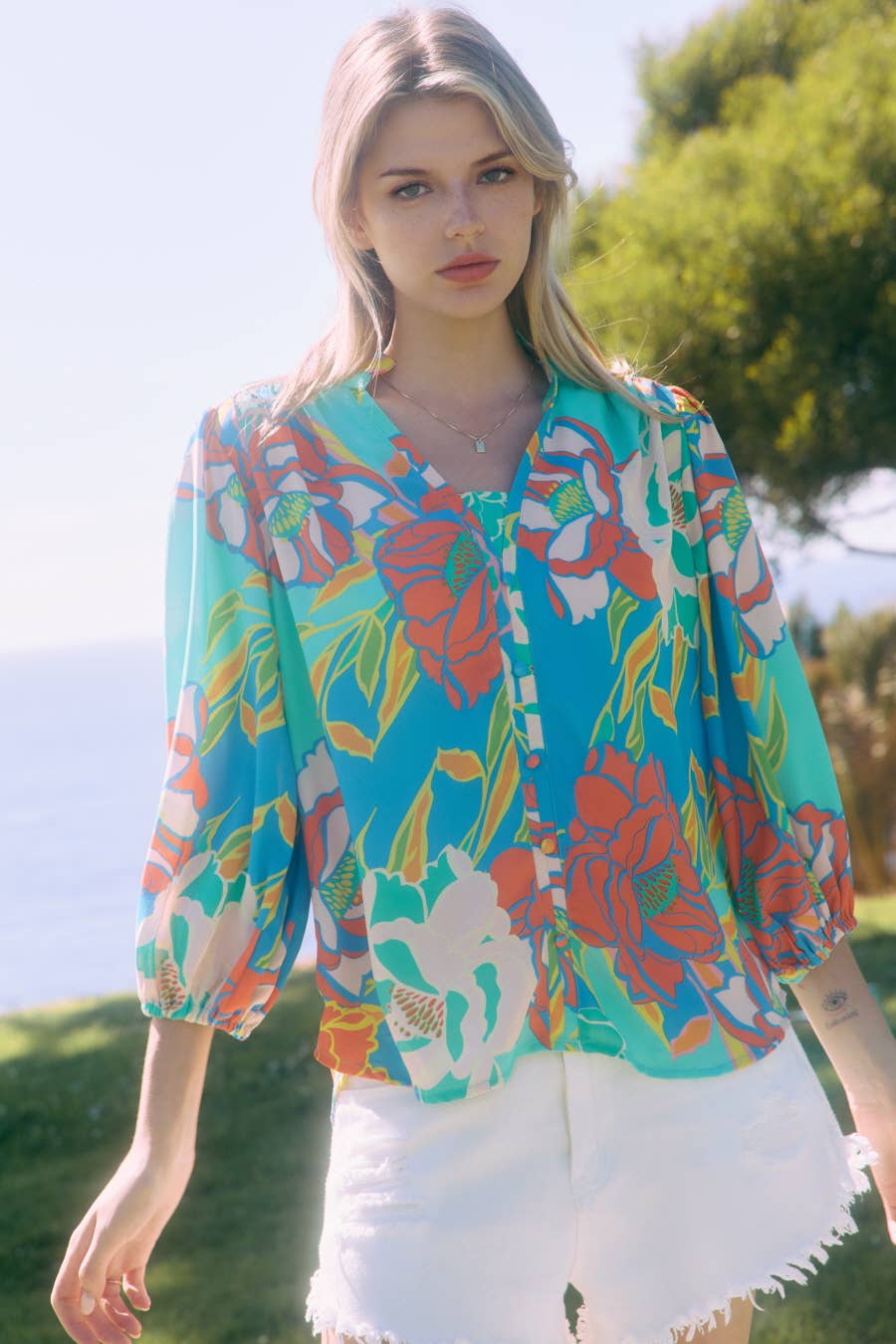 Plus Floral Printed 3/4 Sleeve Blouse