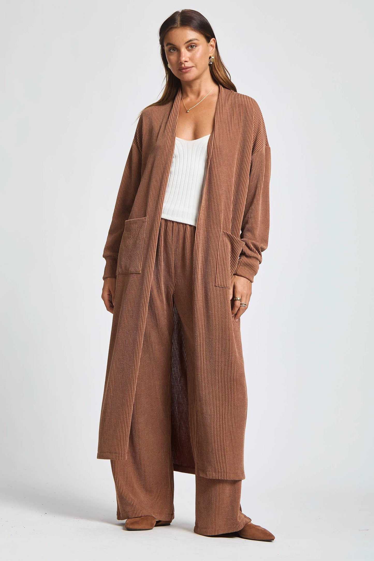 Longline Cardigan + Relaxed Pants 2 Piece: RED / S