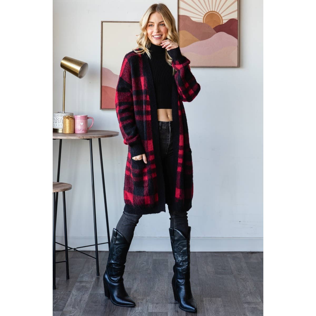 Mohair Sweater Long Cardigan  : Red/Black / L