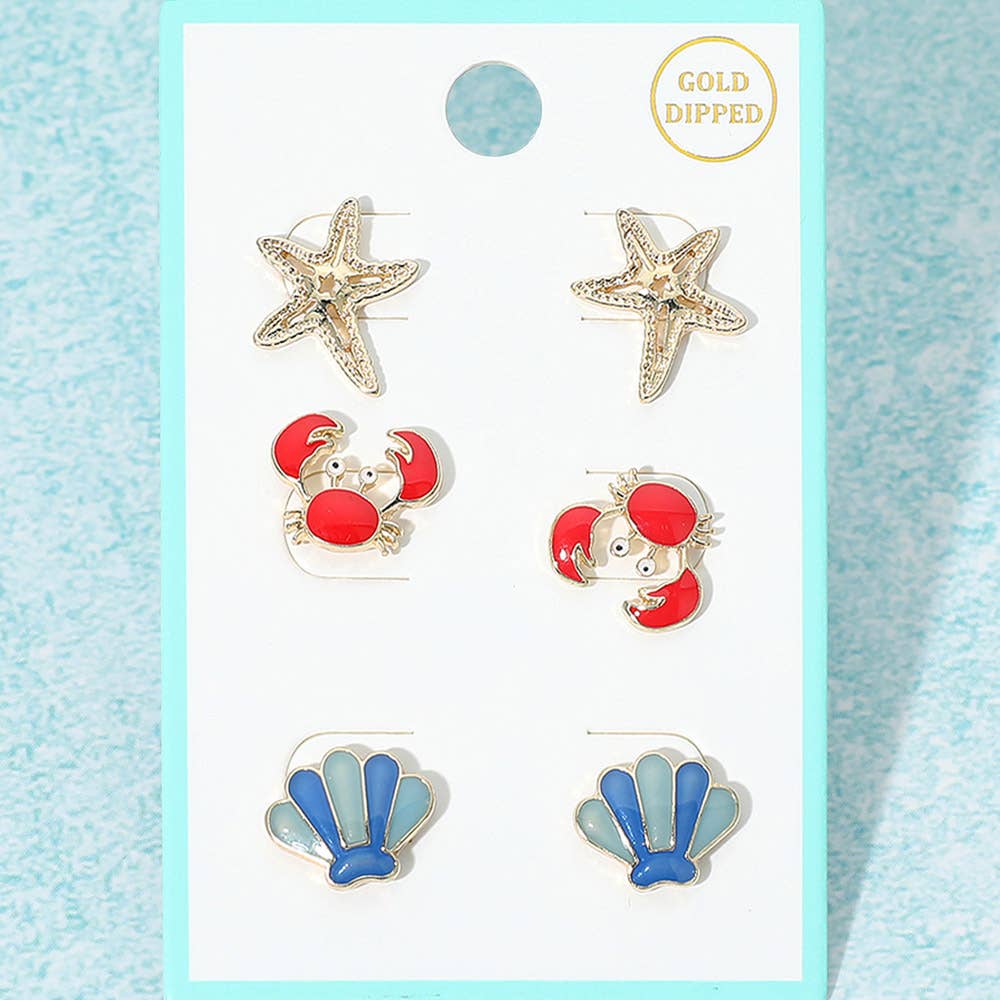J3. 3Pairs - Gold Dipped Starfish Enamel Crab Seashell Stud Earring Set