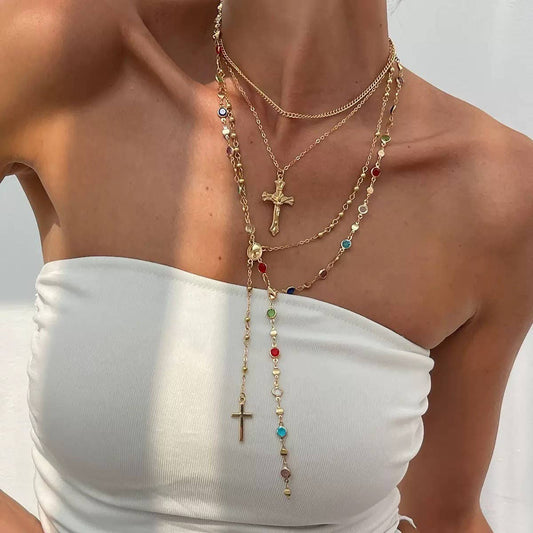 BOHO Y MULTI STONE CROSS LARIAT LAYER NECKLACE | 80N92467