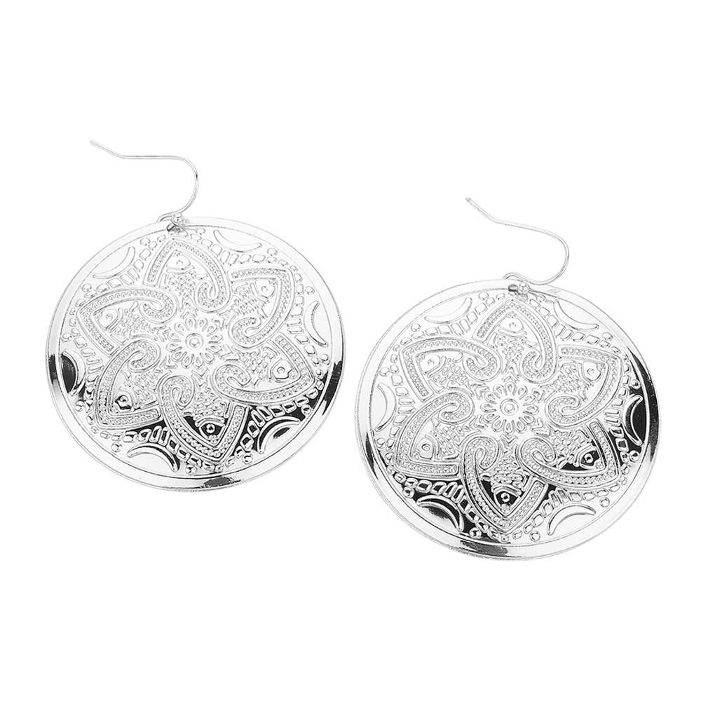 Abstract Pattern Engraved Medallion Dangle Earrings
