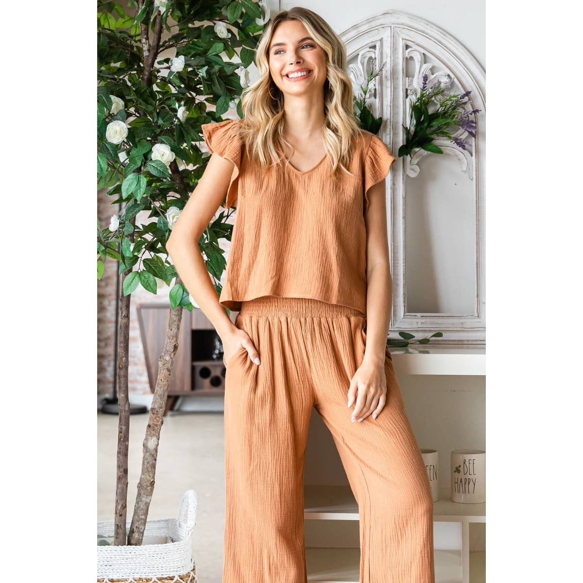 Ruffle Sleeve Linen feel Top and Pants Set