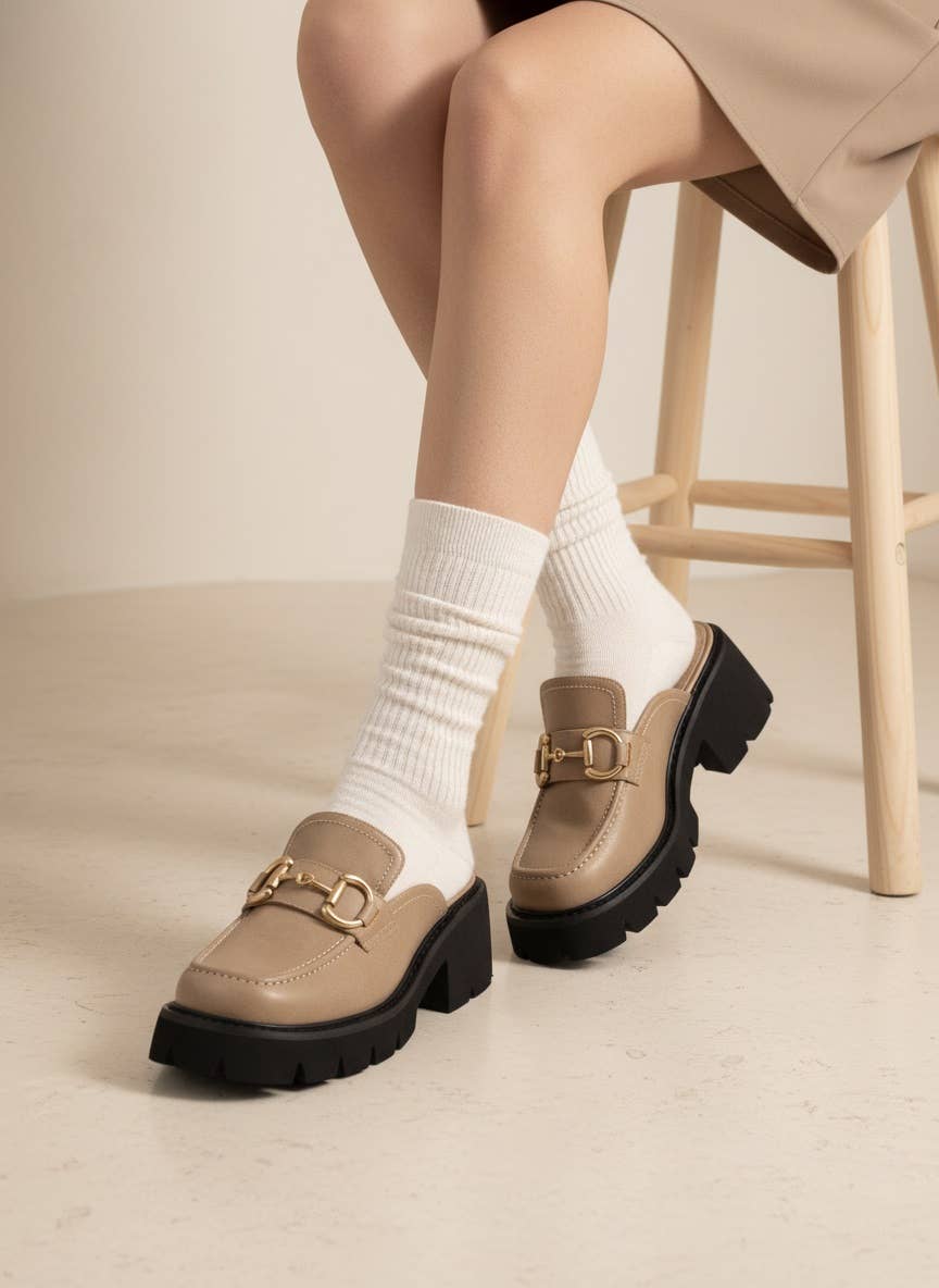 Mocha Chunky Lug Sole Loafer Mules with Horsebit Chain Detail
