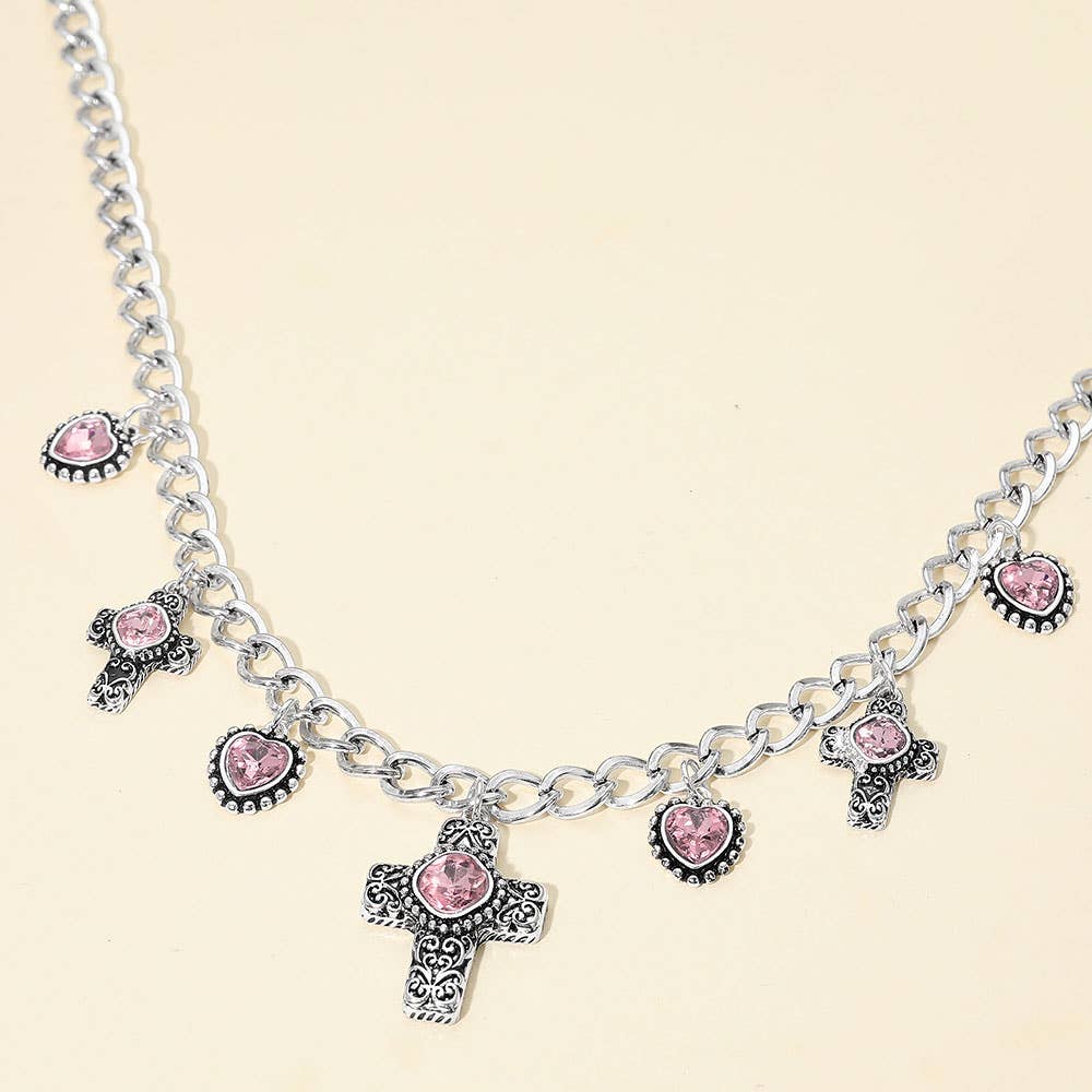 Vintage Stone Accent Cross Heart Charm Station Necklace: Antique Silver,Aqua