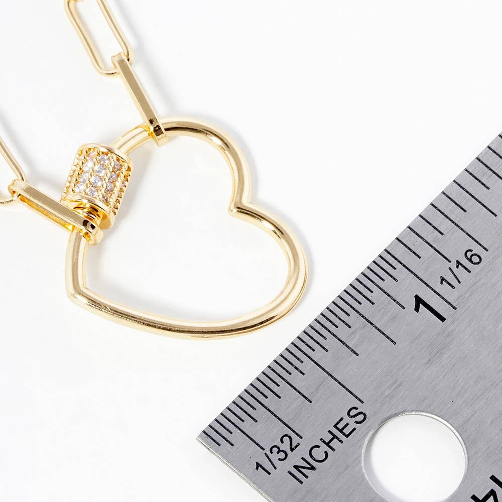 Gold Dipped CZ Open Heart Carabiner Pendant Chain Necklace: Silver