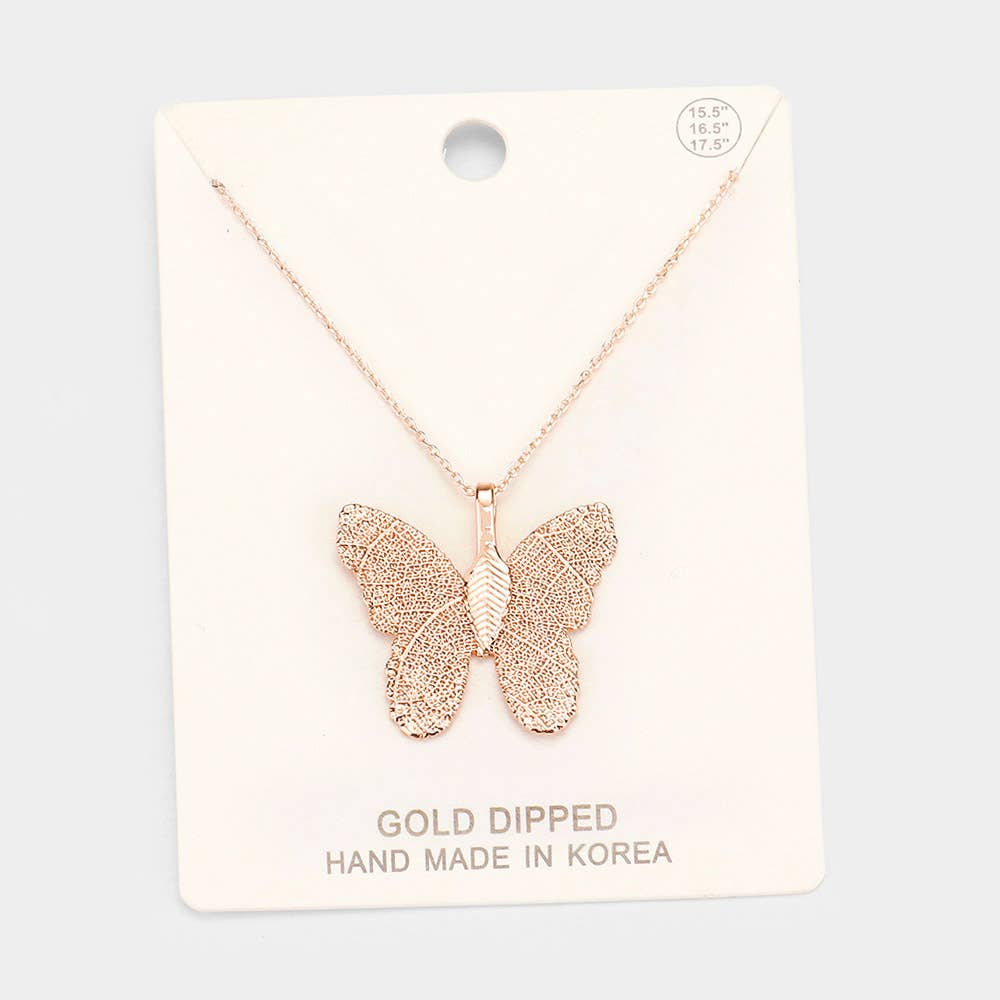 J14. Gold Dipped Textured Butterfly Pendant Necklace