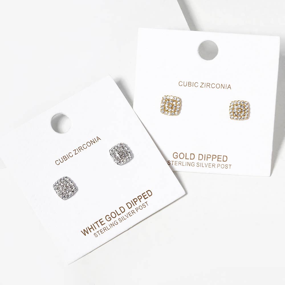 Gold Dipped CZ Stone Paved Square Stud Earrings