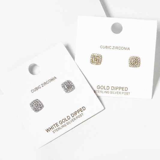 Gold Dipped CZ Stone Paved Square Stud Earrings
