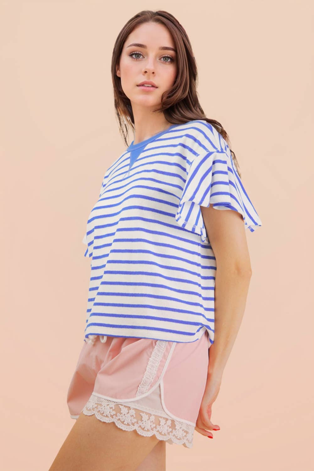 Blue Oversized Ruffle Sleeve Casual Stripe Knit Top