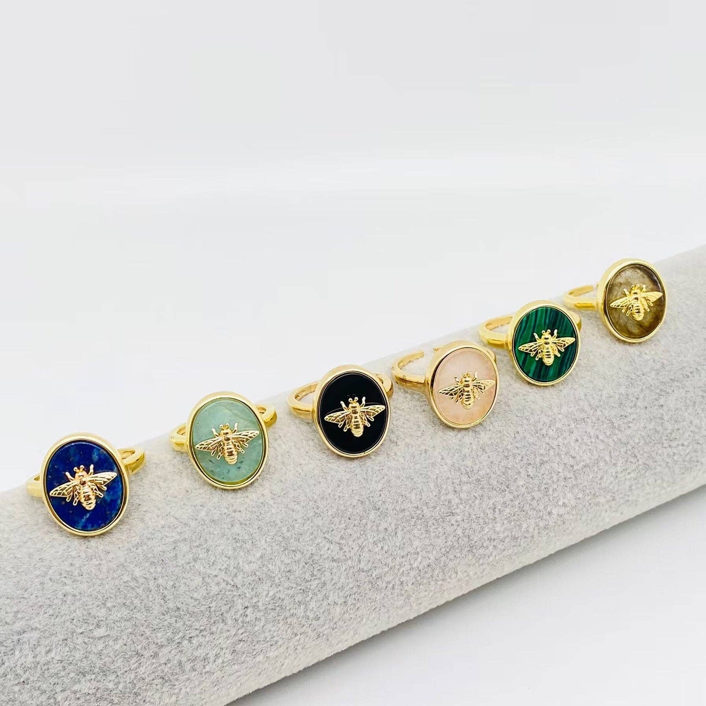 Natural Stone Golden Bee Opening Adjustable Ring - CS