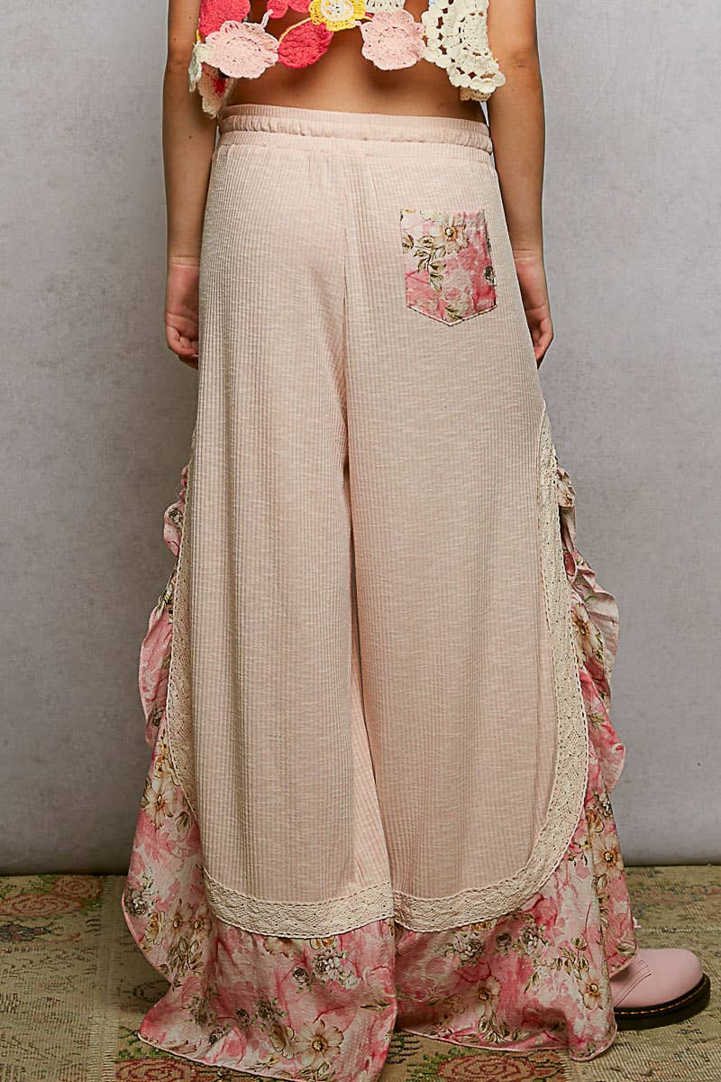 Floral Pattern Ruffle Detail Ribbed Knit Pants
