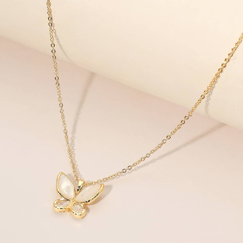 J13. Mother of Pearl CZ Butterfly Pendant Necklace