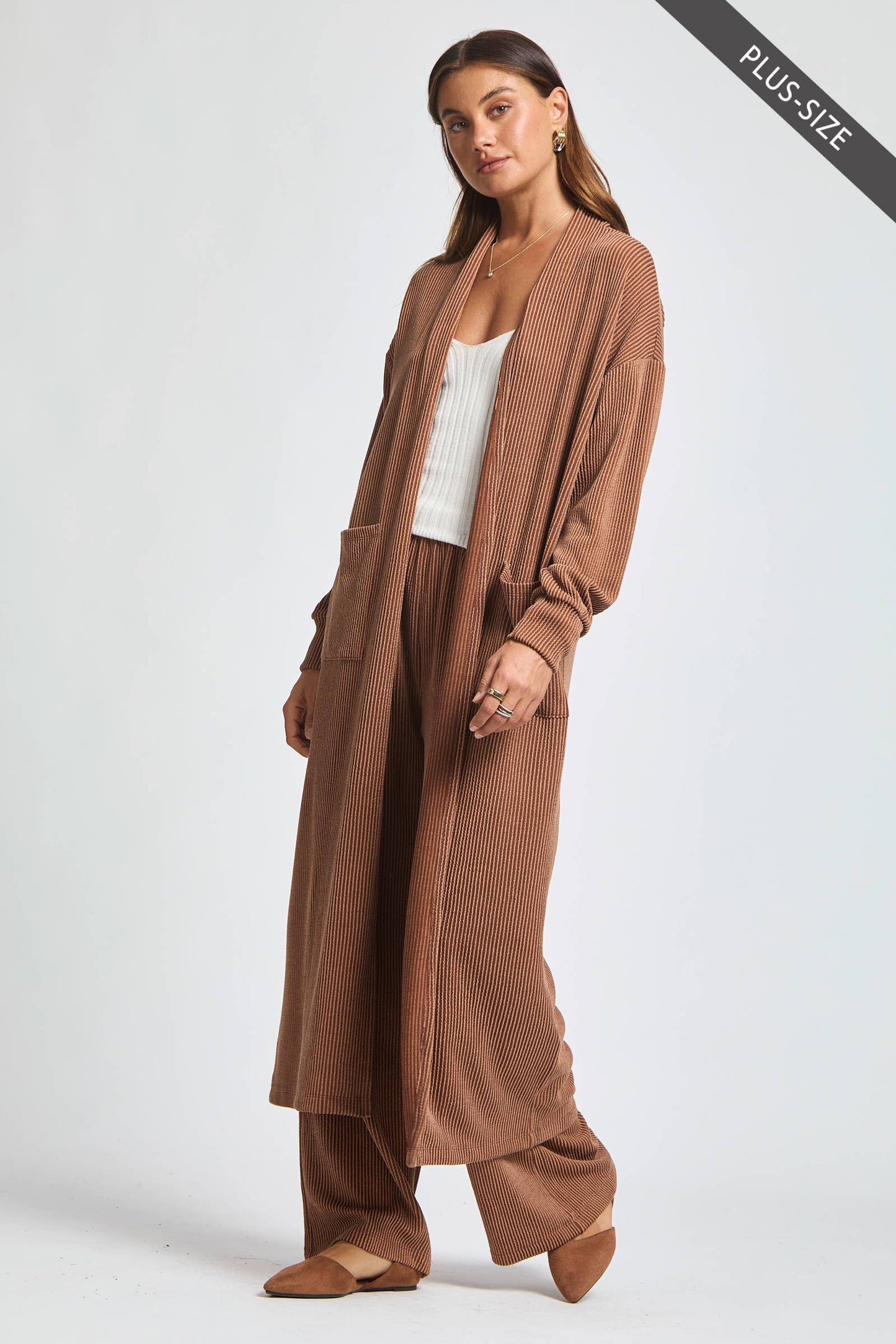 PLUS SIZE Longline Cardigan + Relaxed Pants 2 Piece Set: RED / 3X