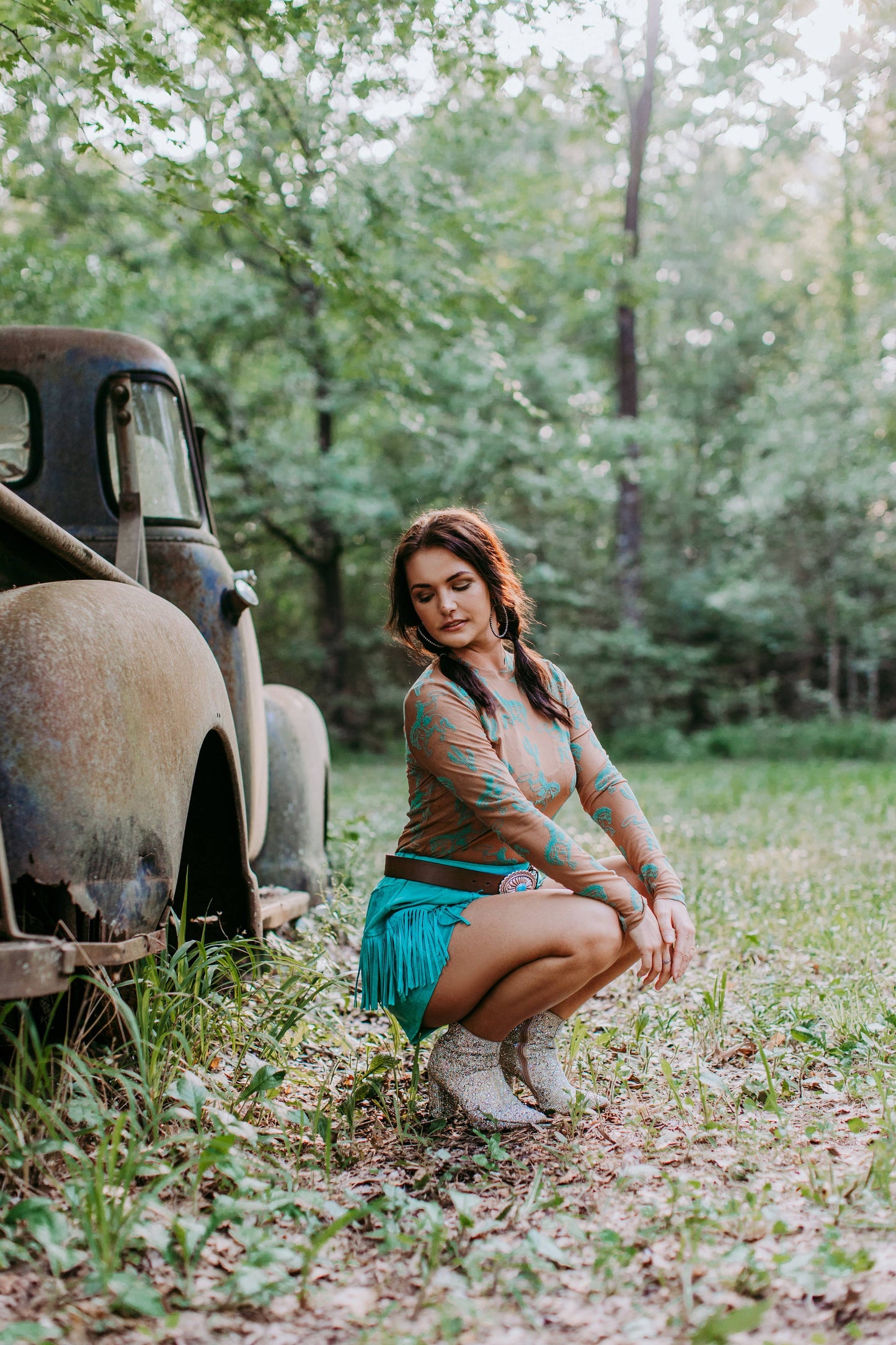 MK397 Velvet Mesh Top - Tan/Turquoise