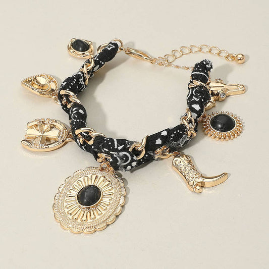 Western Cowboy Hat Boot Charm Station Fabric Chain Bracelet: Black,Gold