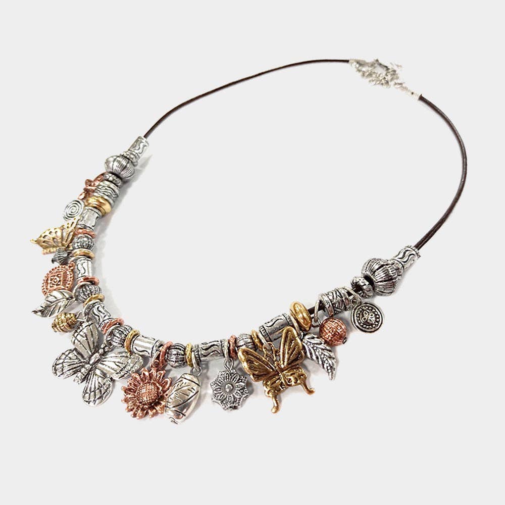 Metal Leaf Butterfly Leaf Sunflower Pendant Cluster Necklace: Three Tone