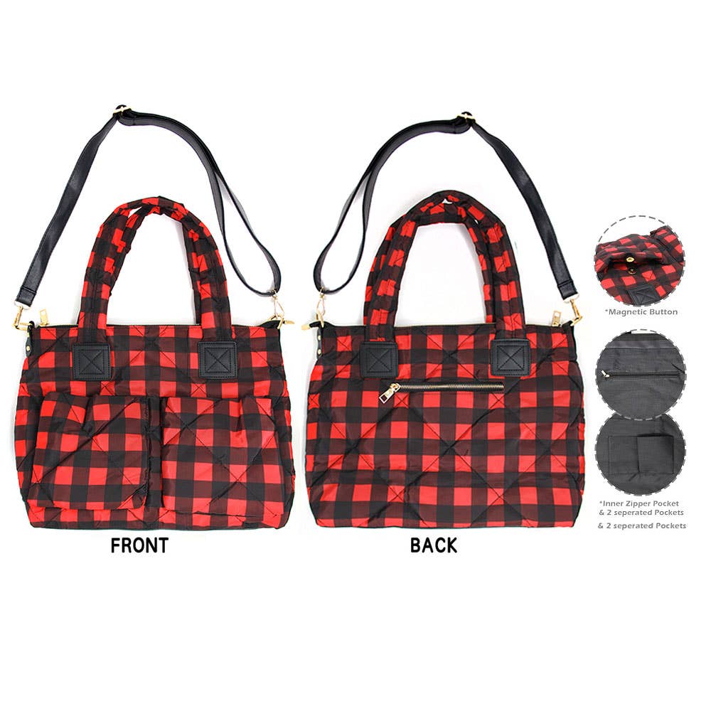 Buffalo Check Puffer Tote Bag: Red