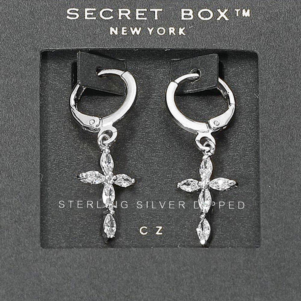 J6. SECRET BOX_14K Gold Dipped Marquise CZ Cross Charm Drop Huggie Hoop Earrings