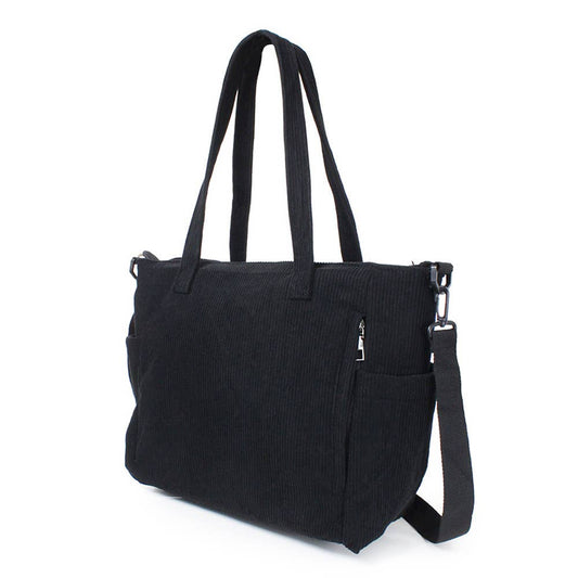 Multi Pocket Corduroy Tote Bag: Black