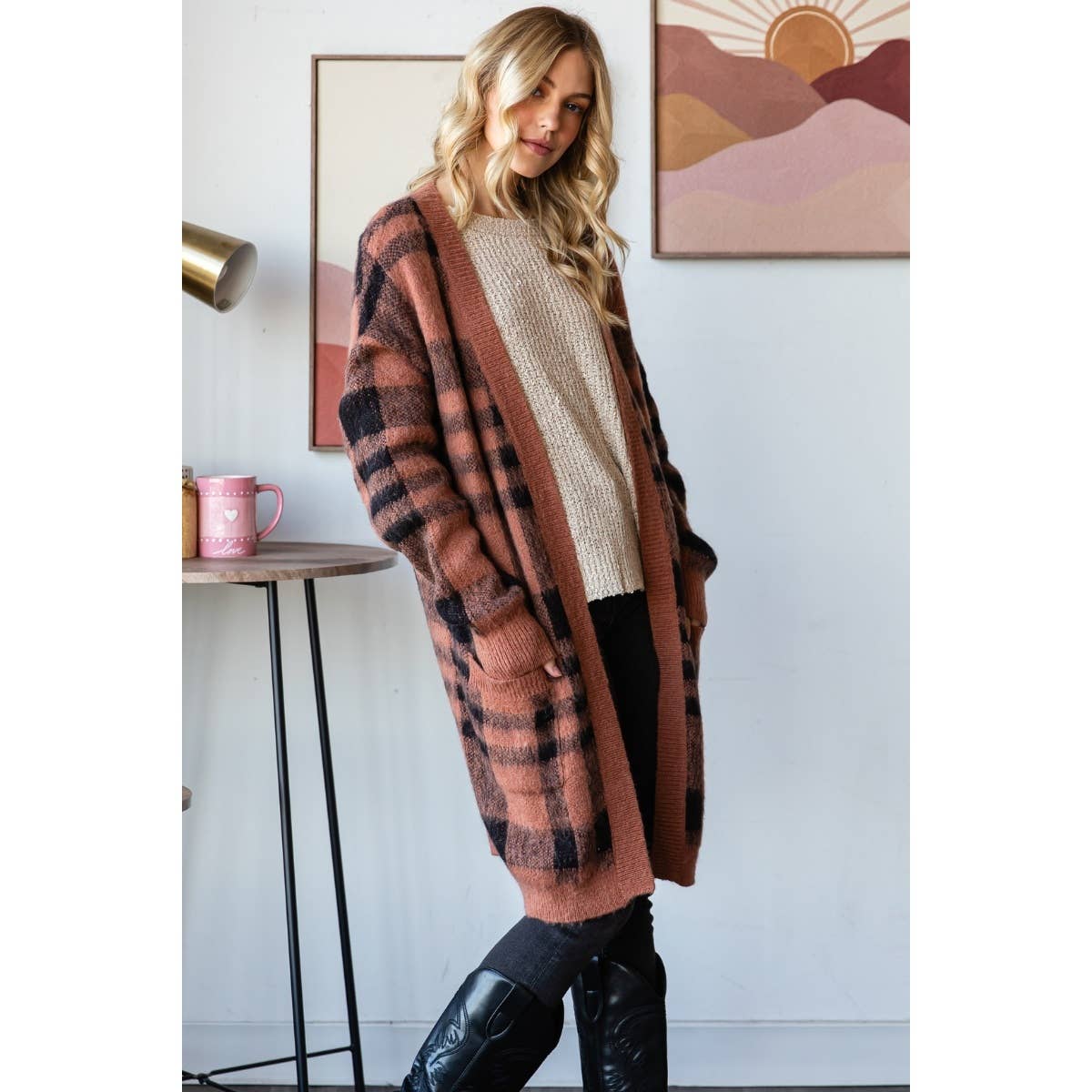 Mohair Sweater Long Cardigan  : Red/Black / S