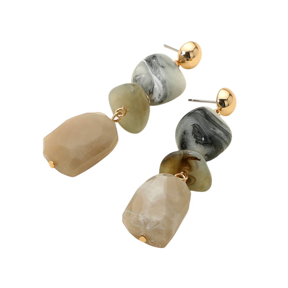 Geometric Chunky Marbled Resin Pebble Drop Earrings: Gray