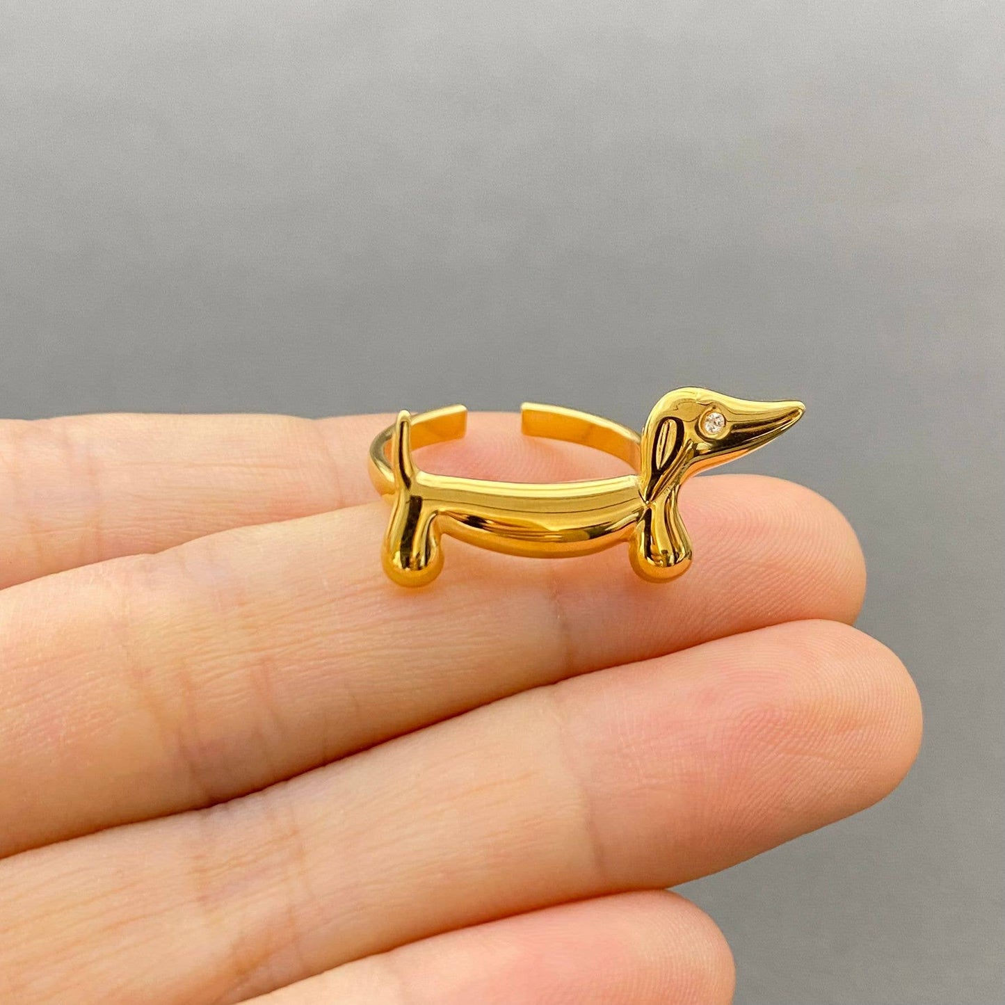 18K Gold Plated S.Steel Adjustable Dachshund Dog Ring - FGS