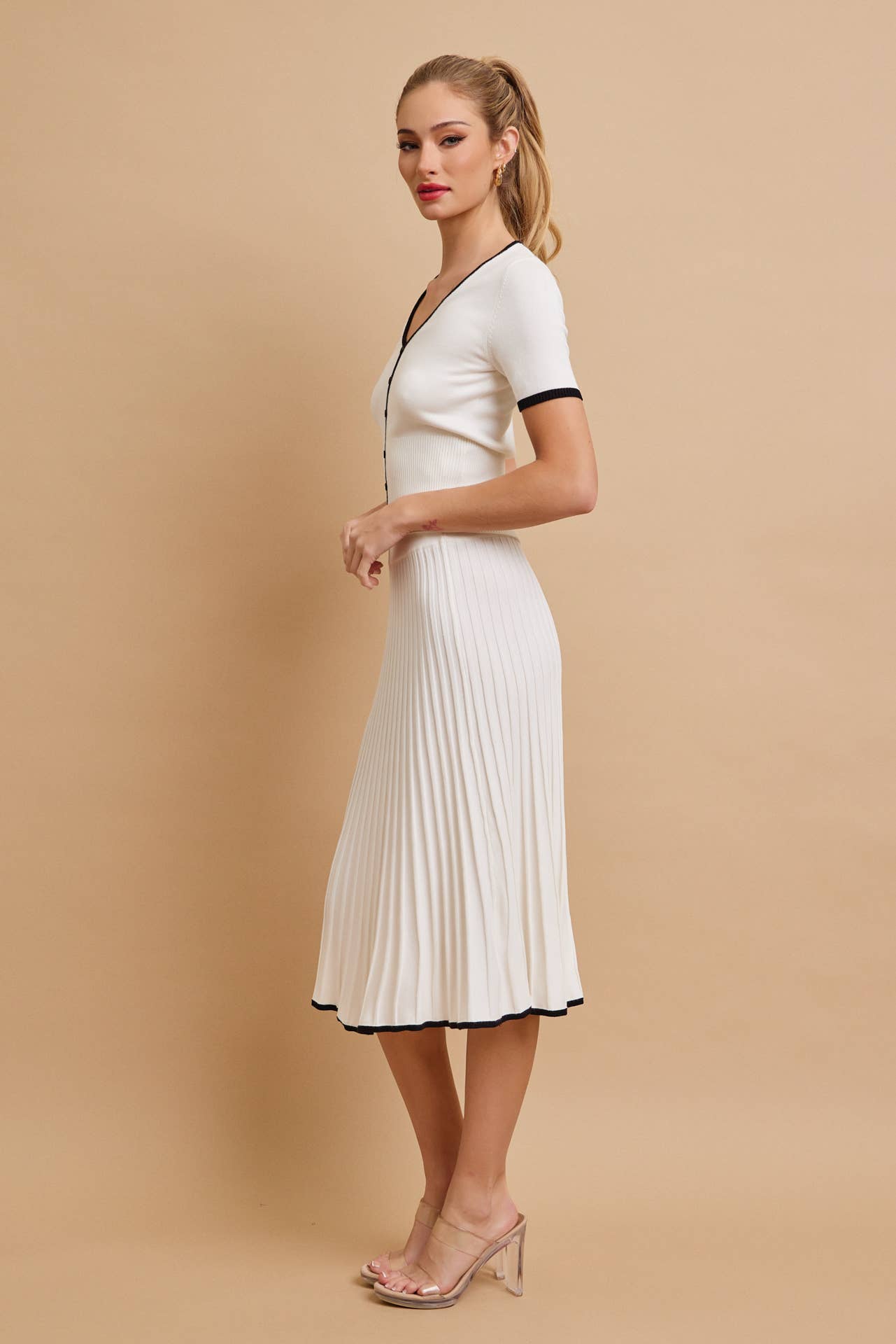 2A. Evadne Short Sleeve Top With Flare Skirt Set