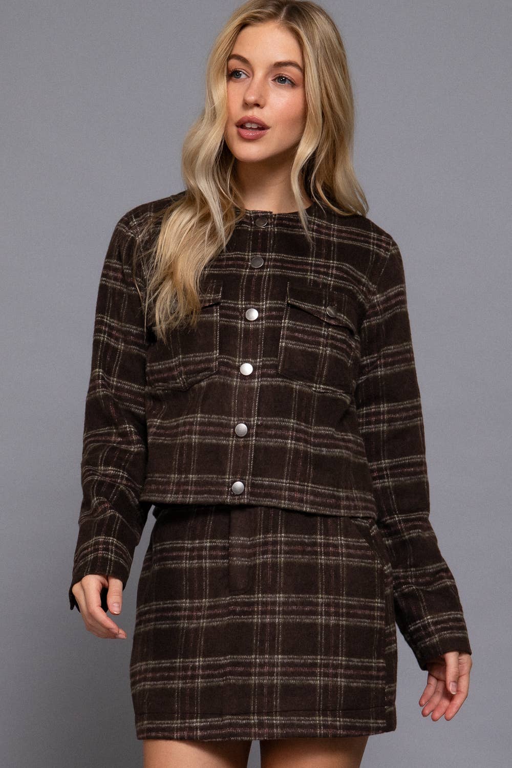 Long Sleeve Round Neck Brushed Plaid Jacket