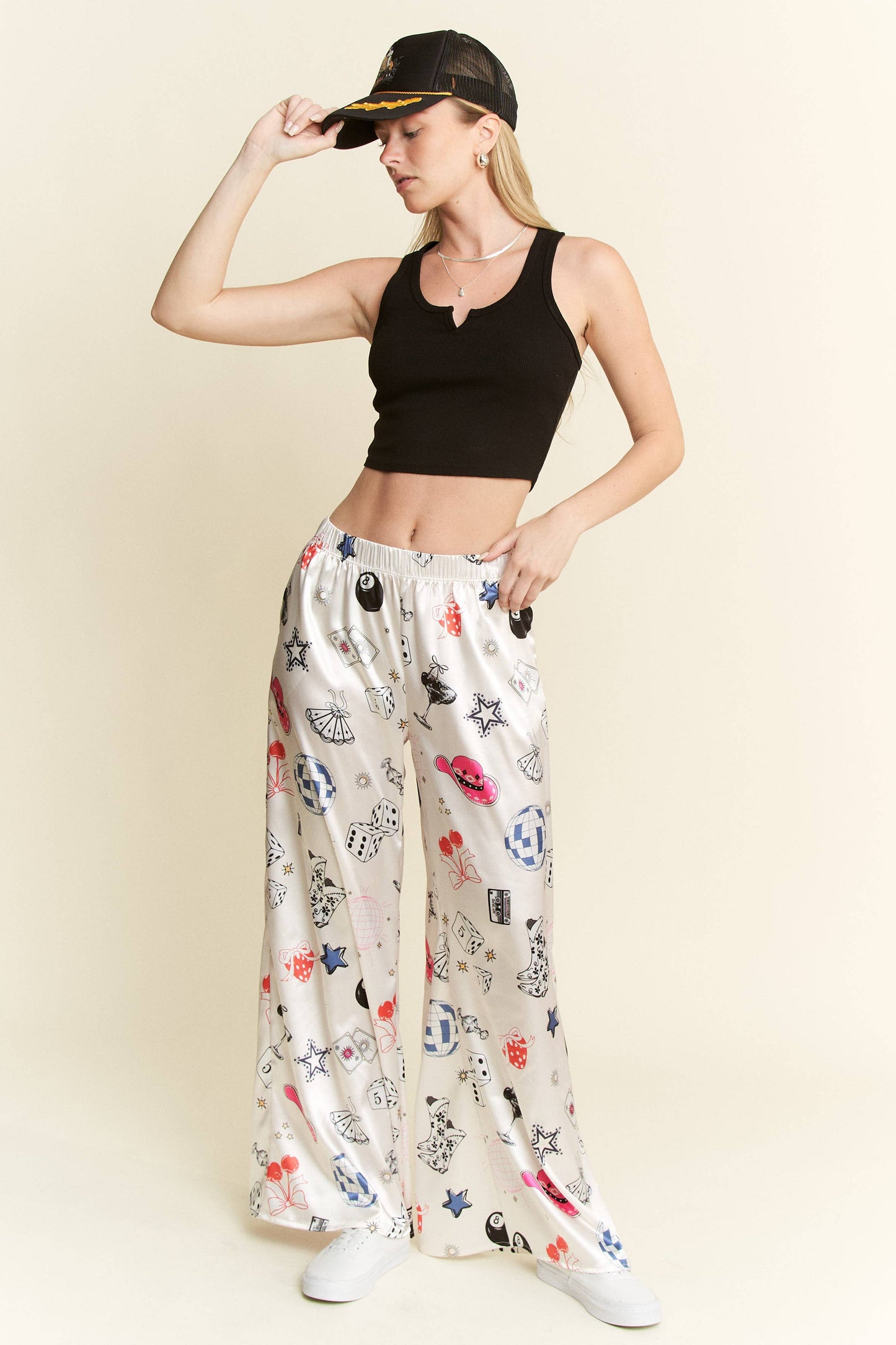 PARTY COLLAGE SATIN PANTS: Black / M