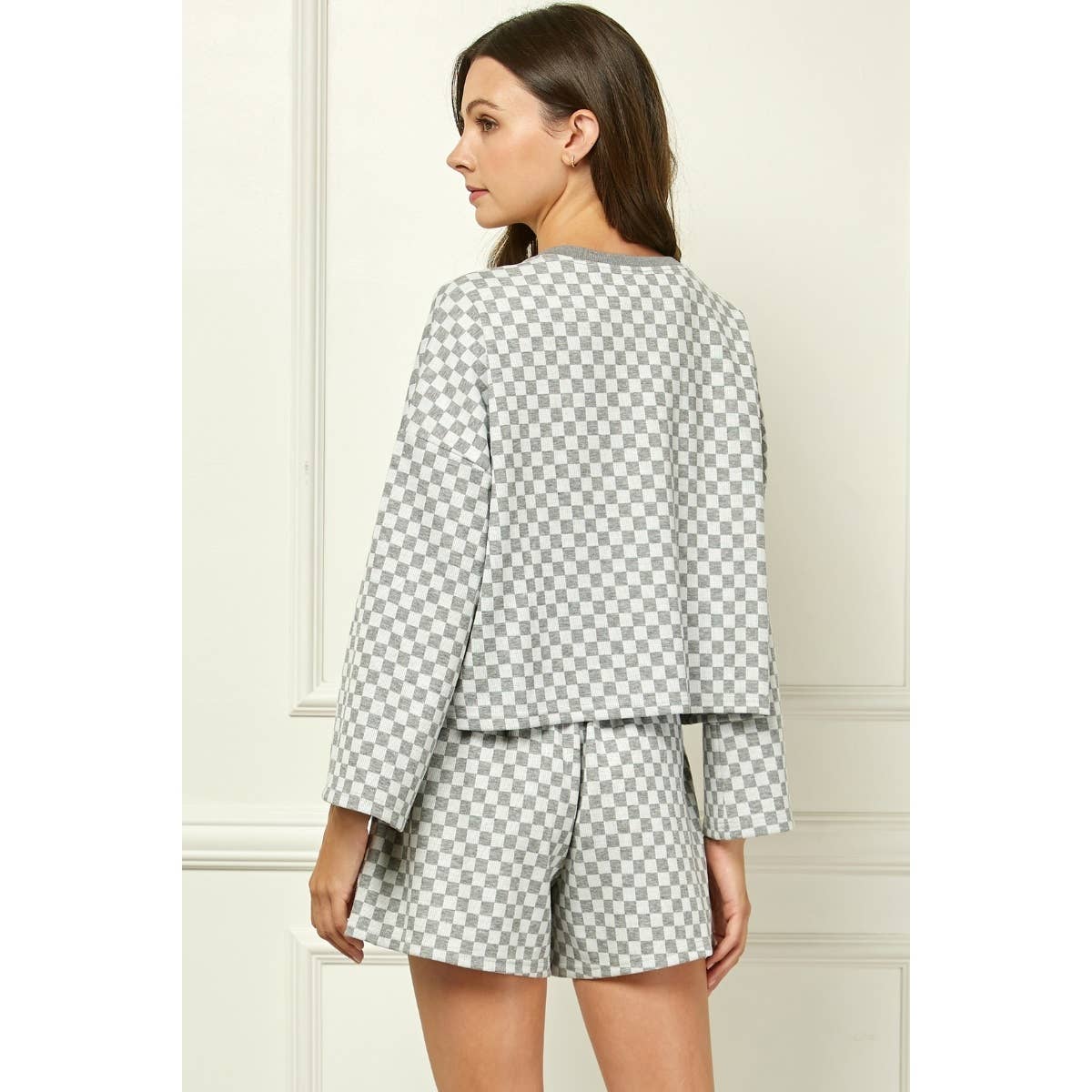 Checker Jersey Long Sleeve Top : Brown / M