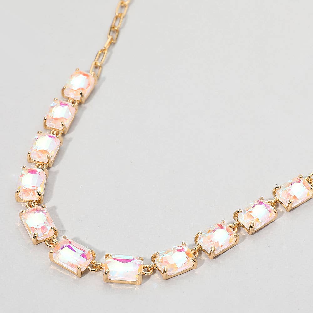J21. Peach Cushion Rectangular Stone Cluster Link Evening Necklace