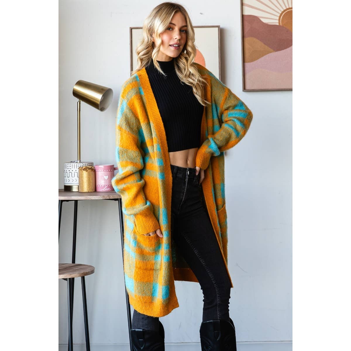 Mohair Sweater Long Cardigan  : Camel/Navy / L