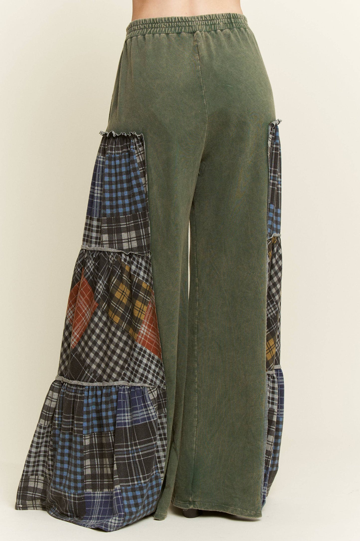Mineral Washed Tiered Plaid Wide Flare pants HP6675: Olive / S-M-L / 2-2-2