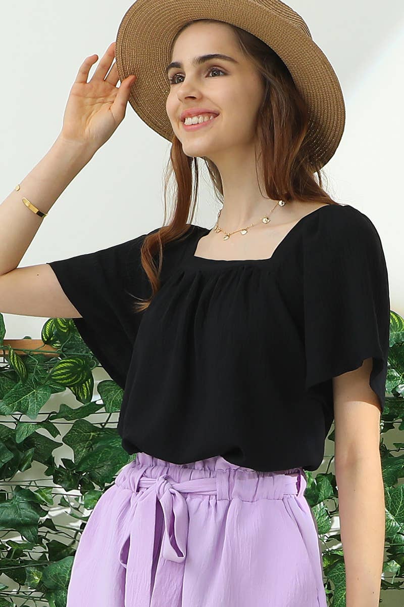 PLUS SQAURE NECK RUFFLE NECK SHORT SLEEVE BLOUSE