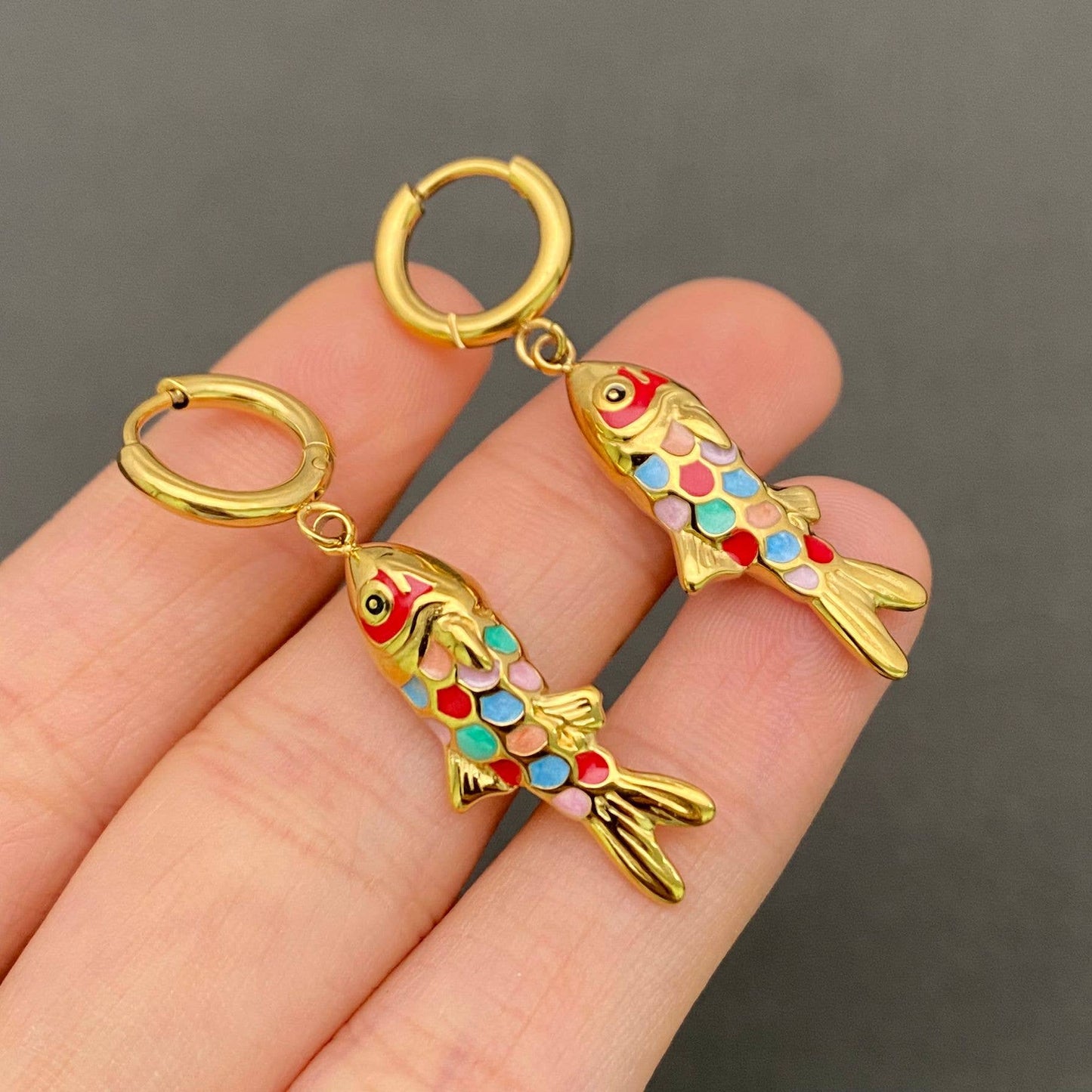 M9. Colored Enamel Fish 18K Gold Plated Huggie Earrings