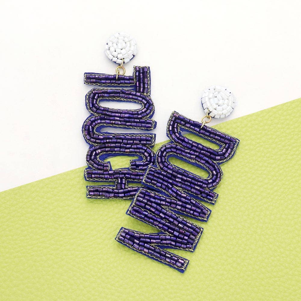 Game Day Felt Back Beaded Touch Down Message Dangle Earrings: Royal Blue,White